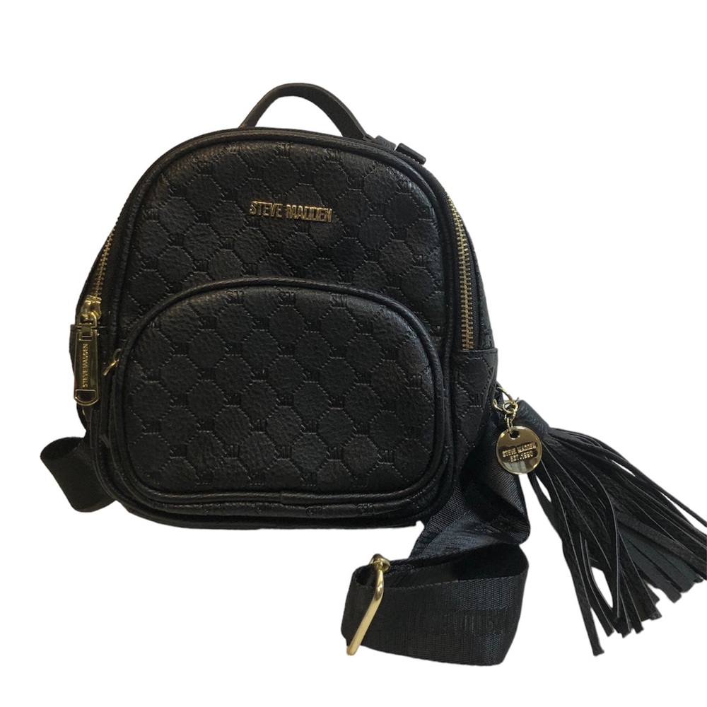 Steve Madden Backpack Purse Bag Black Gold Logo BBlogo Print seatbelt straps